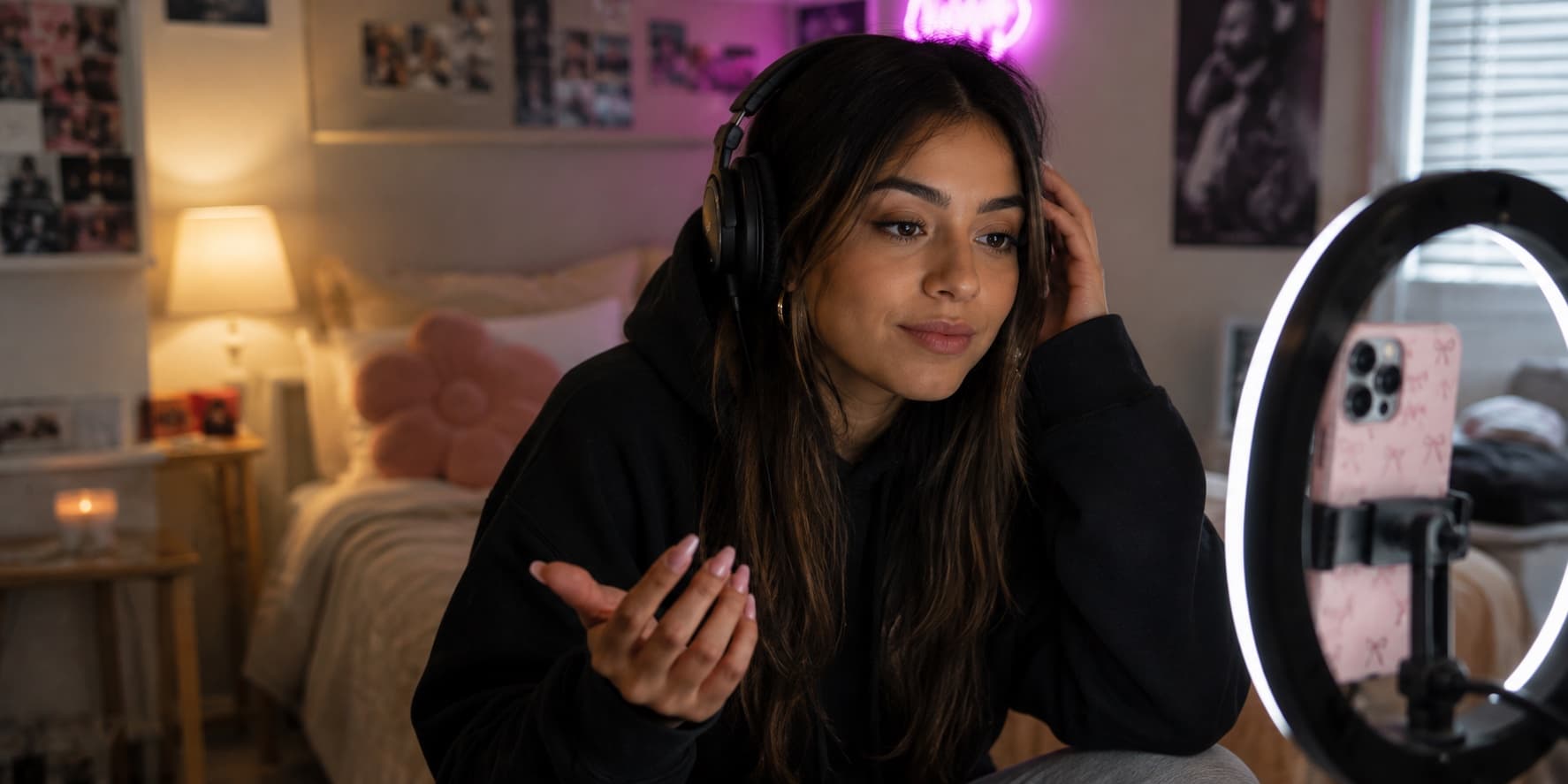 A creator sitting on her bed with headphones on, listening closely to a track while filming herself.